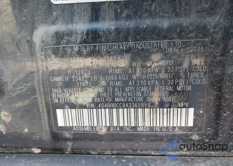 2010 Subaru Outback 2.5I Premium из США, поврежденный, VIN 4S4BRBCC8A3365859